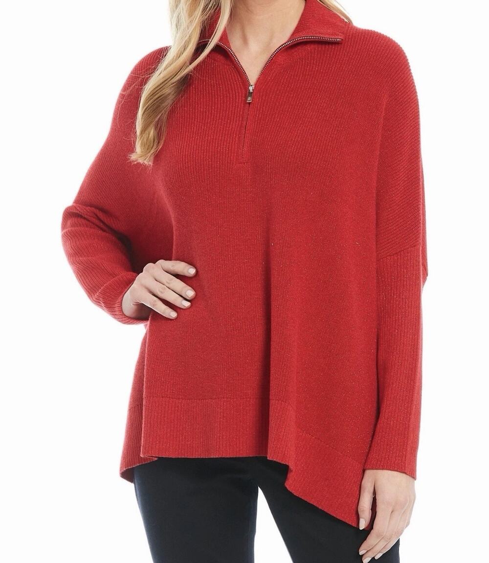 Tommy Bahama S/M Red Metallic Knit Quarter Zip Sweater Poncho Tunic